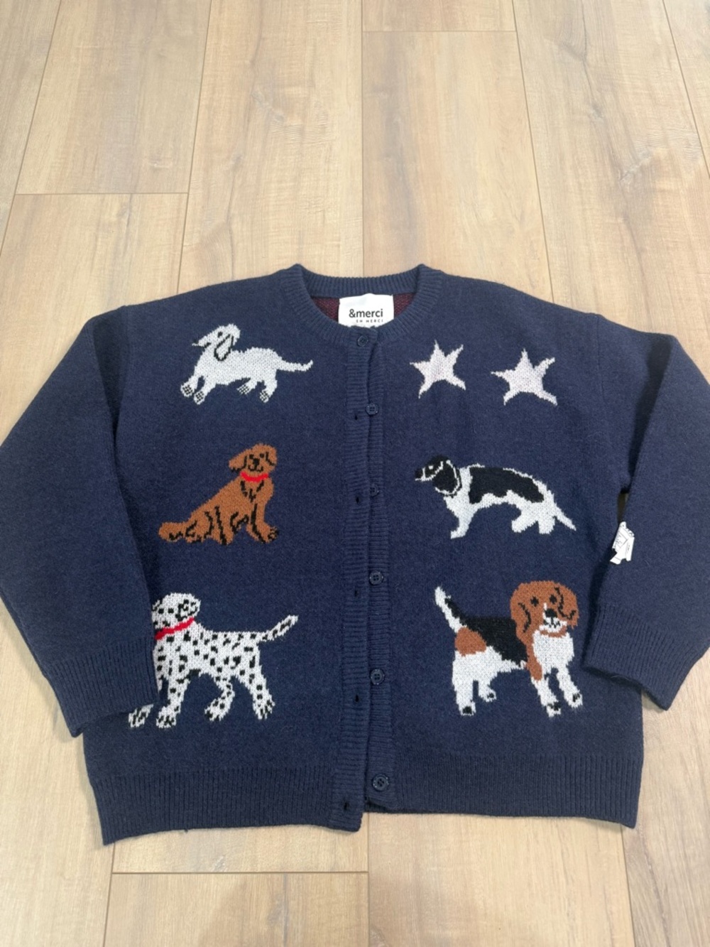 &merci Navy Dog-Pattern Button-Front Cardigan